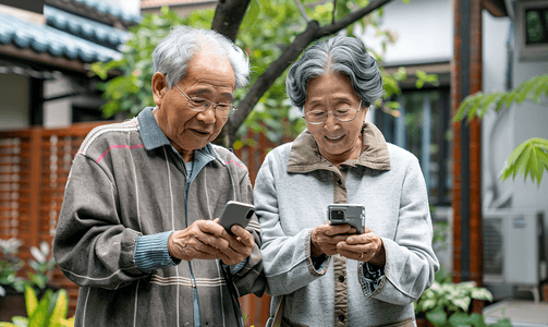 亚洲人老年夫妇在庭院使用手机2