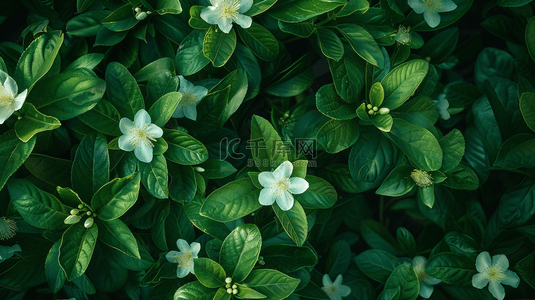 白色背景树叶背景图片_绿色简约平铺树叶白色花朵的背景