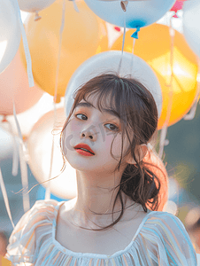 清新格子摄影照片_亚洲人漂亮的年轻女孩和气球