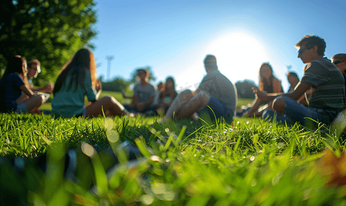 同学联谊会摄影照片_青年聚会围坐在草地上