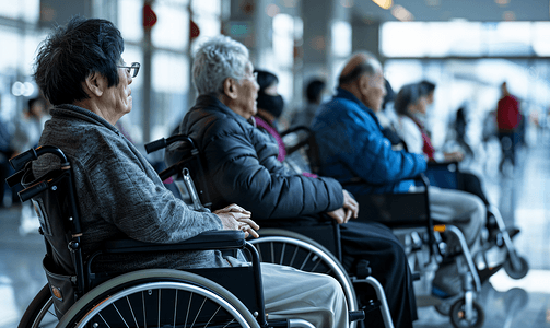 关爱空巢老人摄影照片_亚洲人孤独的老人坐在轮椅上
