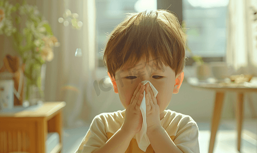 可爱的孩子卡通摄影照片_吹他的鼻子的病的小男孩在手帕呼吸