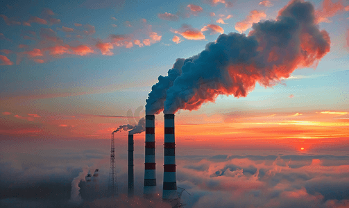 节能环保摄影照片_电厂的烟囱排放二氧化碳污染