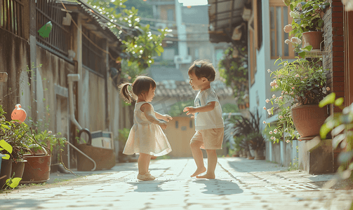 亚洲人两个儿童在庭院里玩耍