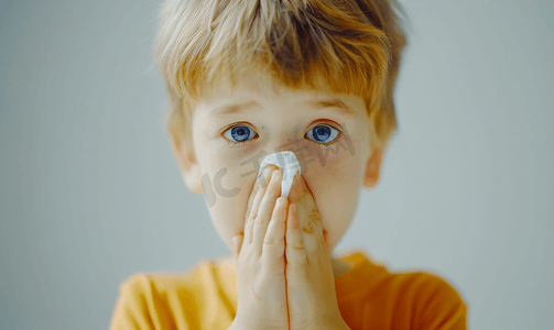 鼻子卡通图片摄影照片_吹他的鼻子的病的小男孩在手帕呼吸