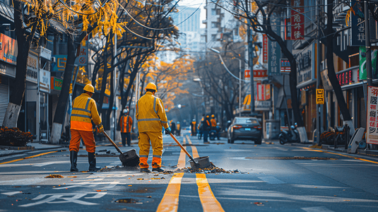 摄影照片_两名环卫工人在白天清扫街道