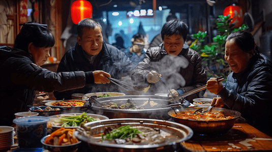 一家人在重庆吃火锅