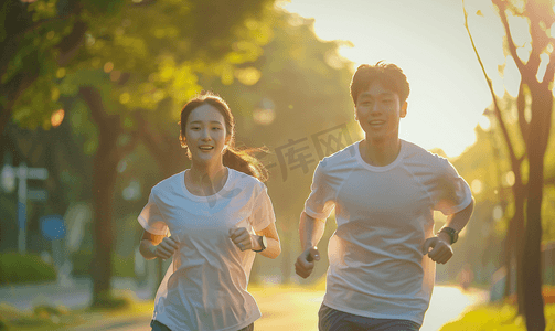 跑步情侣摄影照片_亚洲人青年情侣户外慢跑