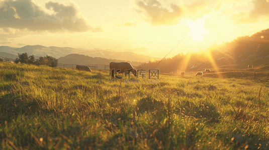 天空背景图片_太阳阳光下户外草原草坪上牛羊的背景