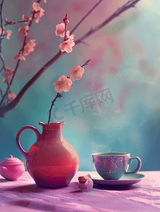 白色茶具摄影照片_花瓶与茶具氛围