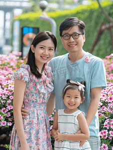 女孩抱着花摄影照片_亚洲人站着花丛中的快乐一家人