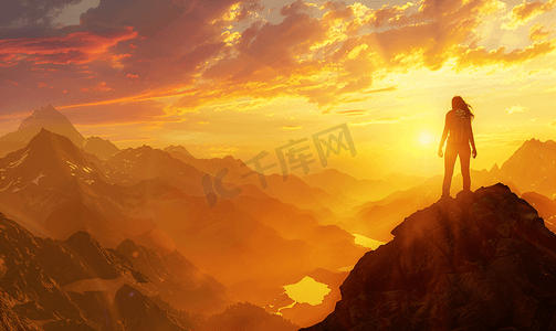 旅行探险摄影照片_日落时分站在山顶眺望远方的妇女剪影