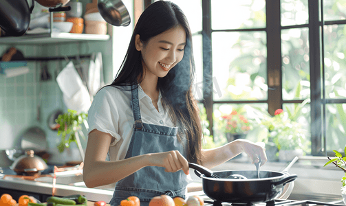 烹调摄影照片_亚洲人青年女人在厨房里做饭