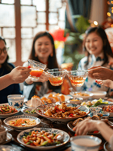 新年元素摄影照片_亚洲人幸福家庭过年吃团圆饭