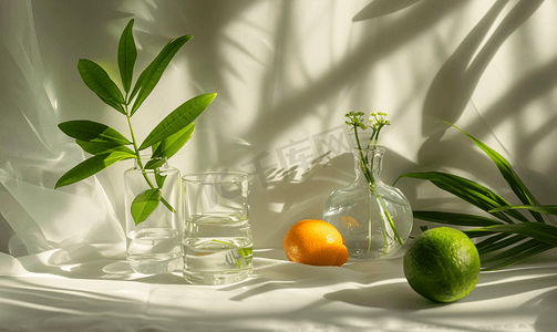 简约绿色清新植物摄影照片_绿植静物玻璃器皿