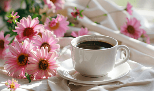 桌上的花与咖啡