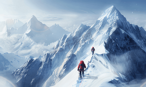 冰川运动摄影照片_攀登雪山的团队