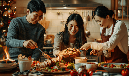 亚洲人快乐家庭准备年夜饭