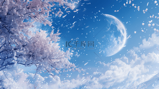 蓝天背景图片_粉色梦幻树枝花朵蓝天白云的背景