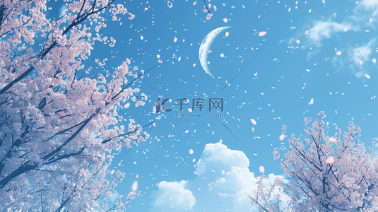 粉色梦幻树枝花朵蓝天白云的背景