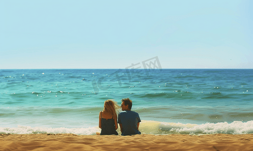 海边情侣坐在沙滩看大海背影