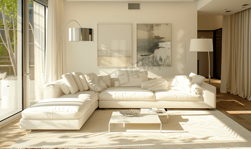 绿植墙摄影照片_现代室内客厅装修风格主打米白色家具