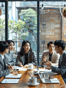 亚洲人商务青年男女在开会