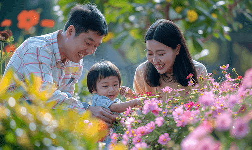 亚洲人站着花丛中的快乐一家人