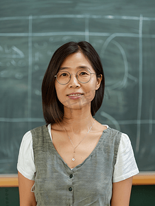亚洲人老师站在教室的黑板前