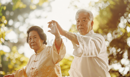 亚洲人老年夫妇正在练太极拳