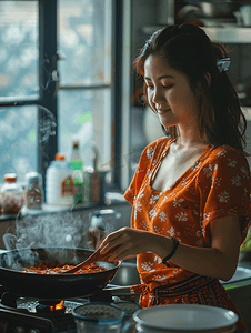 亚洲人青年女人在厨房煲汤