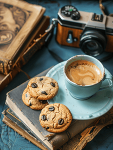 创意生活氛围相机咖啡和饼干书本
