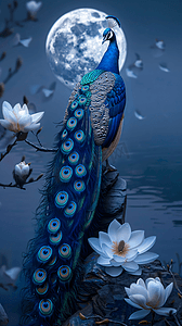 油画背景摄影照片_一只蓝孔雀站在太湖石上