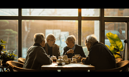 晚年生活摄影照片_老年朋友欢聚喝茶聊天