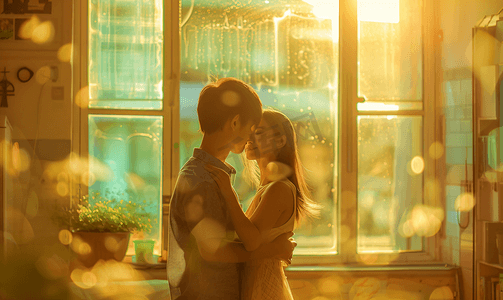 年轻情侣在窗边相拥拥抱