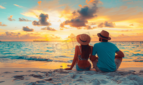 旅行中浪漫情侣在海中看夕阳