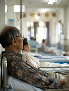 照顾住院摄影照片_亚洲人生病的老人在病房
