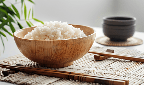 吃饭摄影照片_日式风格木质餐具与白米饭