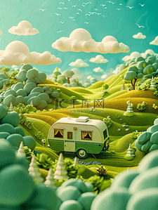 绿草上车辆树木云朵可爱的卡通设计