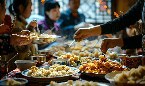 金狗贺岁摄影照片_年夜饭团圆饭吃饺子特写