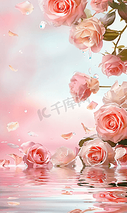 暖色调摄影照片_粉色玫瑰花浸入水中摄影图片