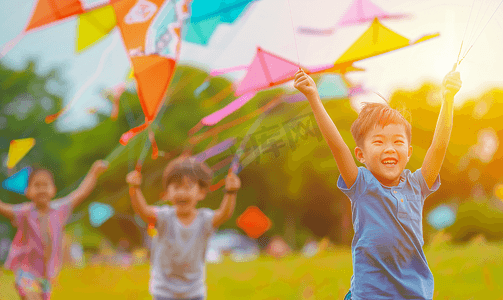 图片摄影照片_亚洲人快乐的小朋友在公园里放风筝