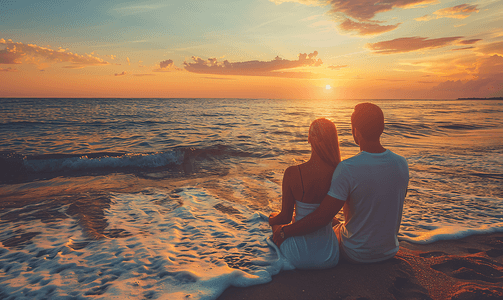 情侣摄影照片_旅行中浪漫情侣在海中看夕阳