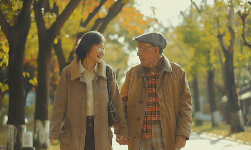 散步摄影照片_亚洲人老年夫妇在公园里散步
