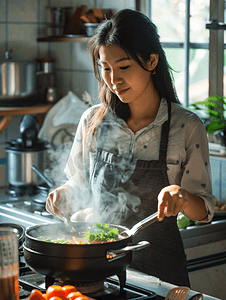 亚洲人青年女人在厨房煲汤