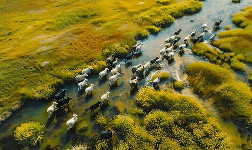 放羊摄影照片_航拍新疆巴音布鲁克大草原牧羊人羊群