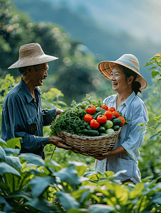 都市农业摄影照片_亚洲人农民将蔬菜交给快递员