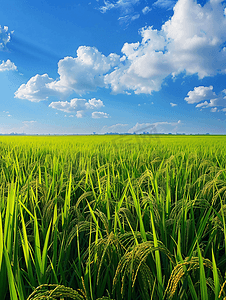 秧苗摄影照片_蓝天下茁壮成长的稻田