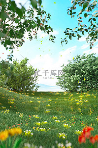 背景背景图片_春天植物花草绿色3D立体背景仿摄影展台