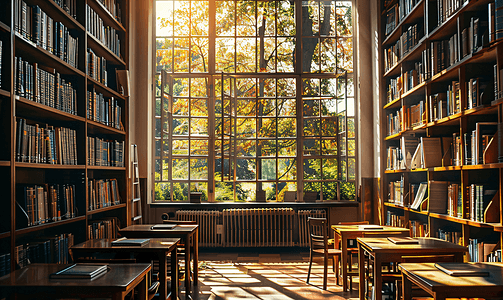 课程权益海报摄影照片_宽敞明亮的图书馆阅览室
